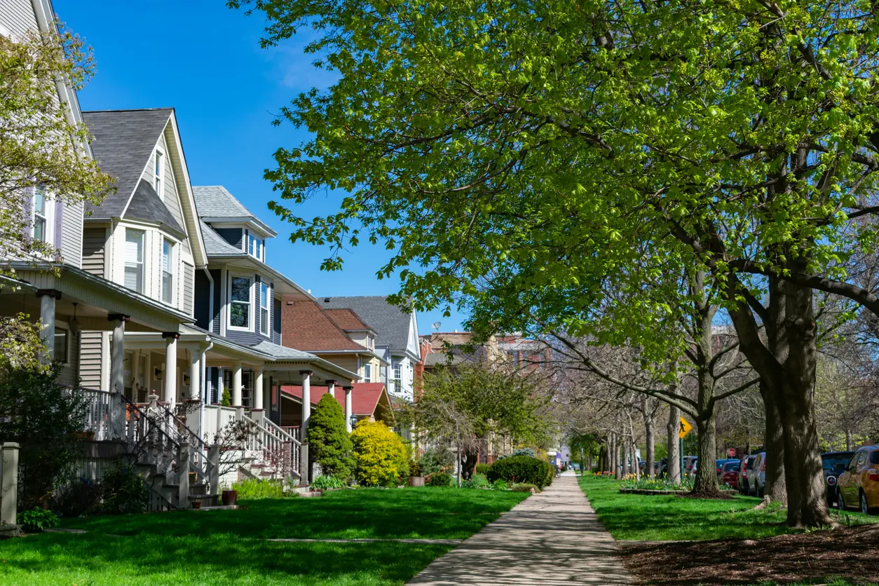 Row of Old Wood Homes with Grass in the North Center Neighborhood of Chicago row of houses