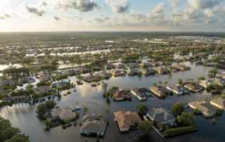 Flooding in Florida caused by tropical storm from hurricane Debby. Suburb houses in Laurel Meadows residential community surrounded by flood waters in Sarasota. Aftermath of natural disaster stock photo